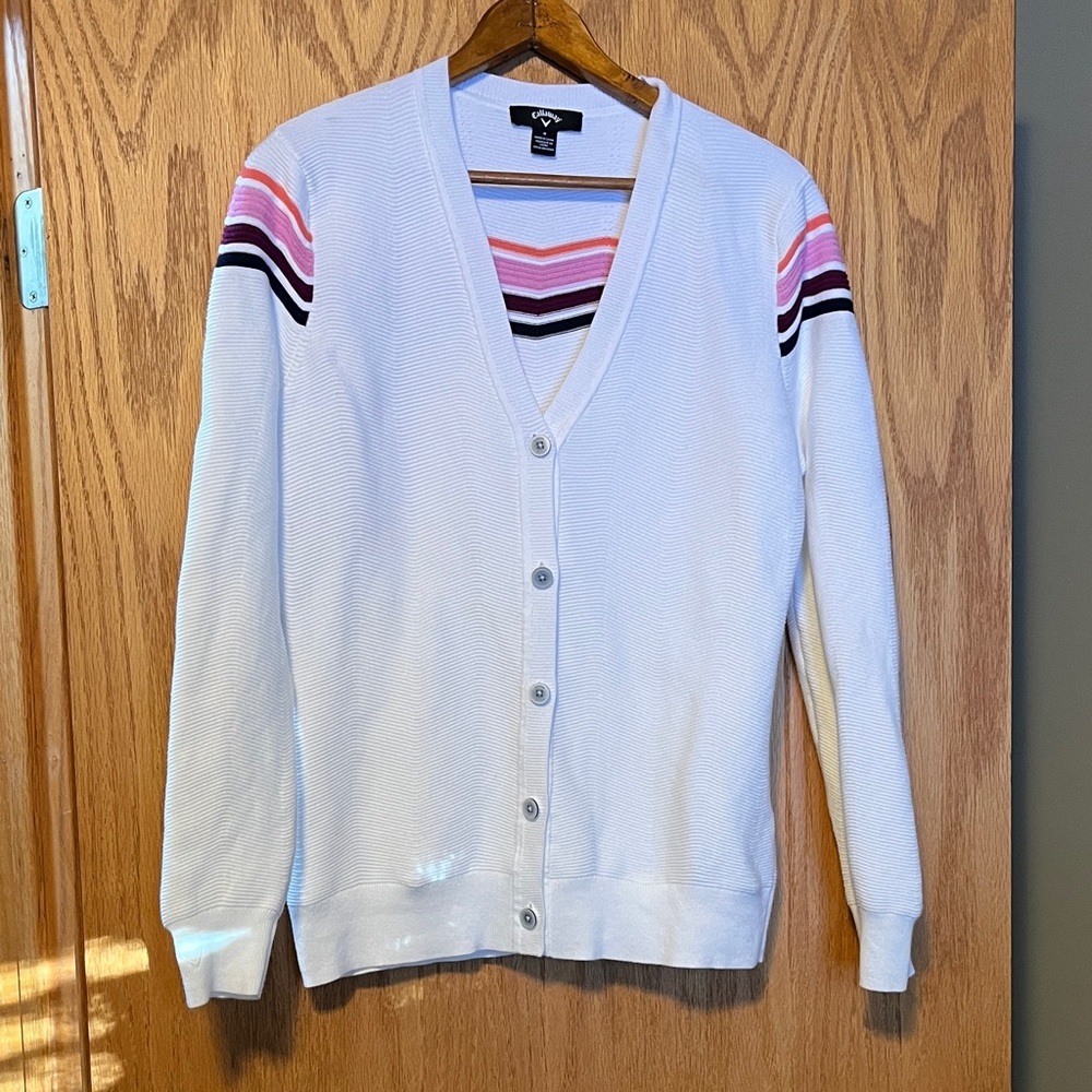 Callaway White Cardigan with Pink and Black Stripes